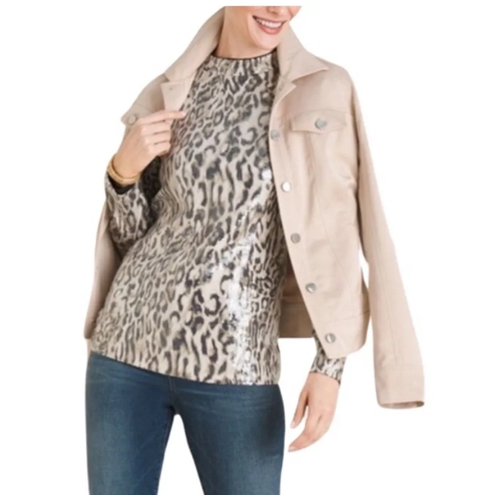 Chicos Print Sequin Top XL Mobwife Party Grunge Mod Longsleeve Animal Whimsy - Picture 13 of 13